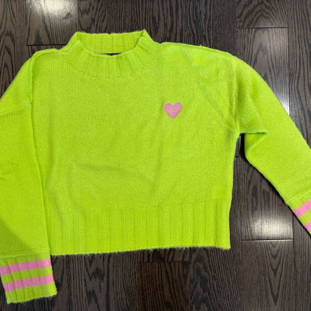 Lyla & Luxe Neon Green Sweater with Pink Heart and and stripe sleeve detailing